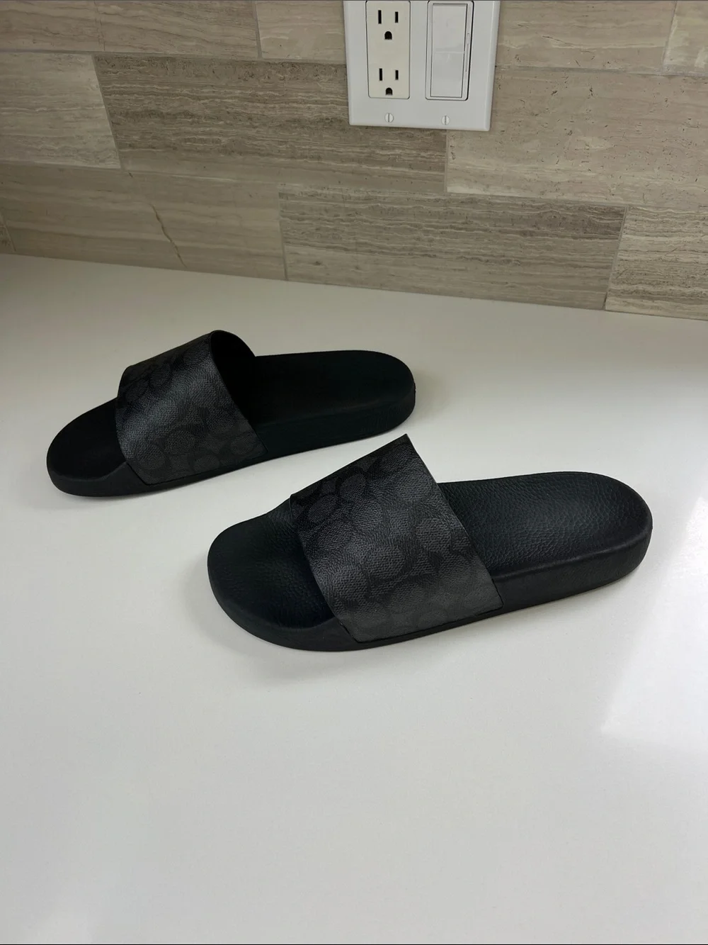 Coach signature charcoal grey black logo coated canvas open toe slides sandals